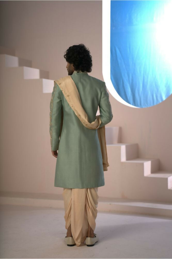 Majestic Mint Green Dupion Silk Sherwani With Satin Dhoti & Santone Dupatta by Hilo Design