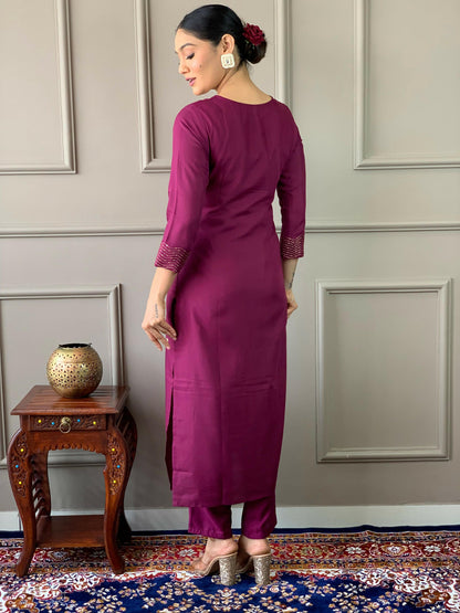 Partywear Designer Rayon Slub Wine Stitched Suit With Dupatta - Tanisha