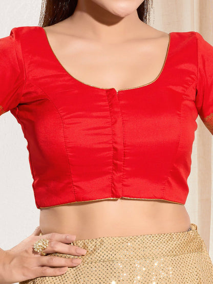 Joban Fashion Red Taffeta Silk Padded Blouse With Round Neck Elbow Sleeves