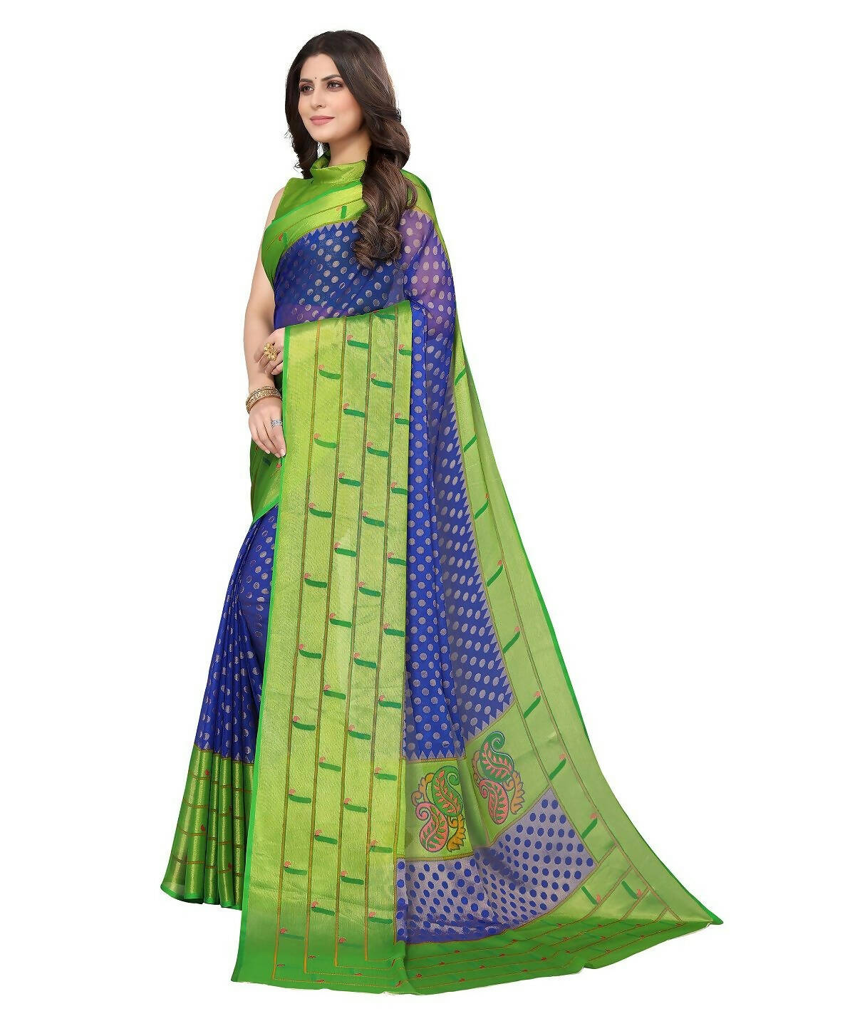 Vamika Blue Chiffon Brasso Bollywood Style Woven Saree (DIMPLE BLUE)
