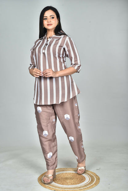 Morchari Digital Print Semi Muslin Co-Ord Set Top & Trouser-Multicolor