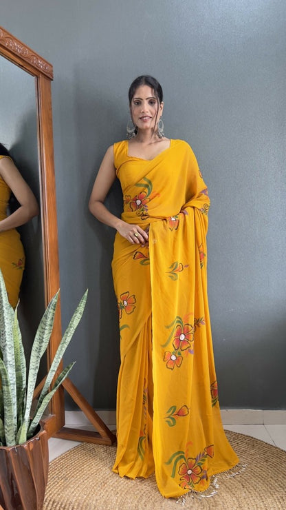 Aayaa Designer 1 min Hand Painted Ready to Wear saree - Mustard Yellow
