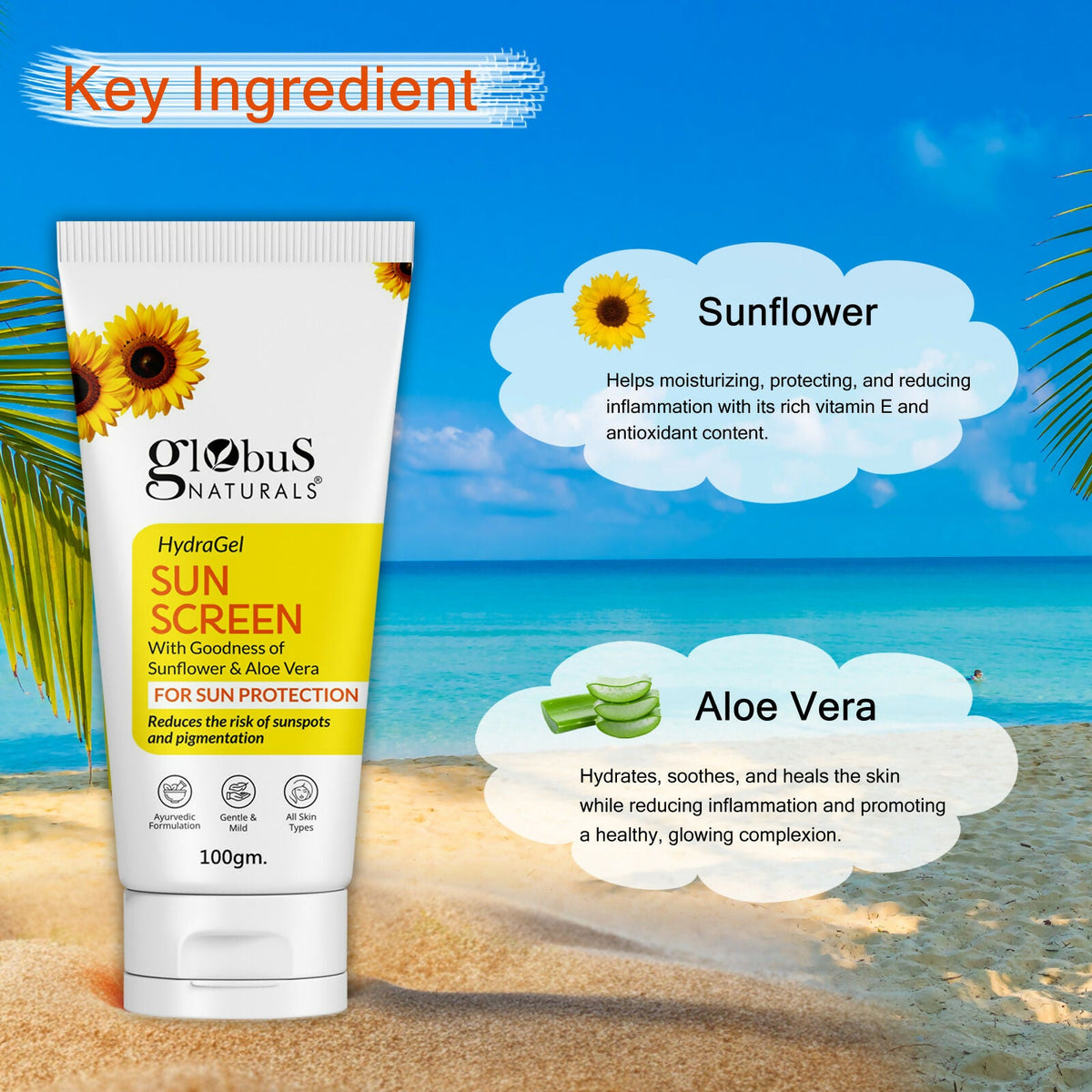 Globus Naturals Hydra Gel Sunscreen With Goodness of Sunflower & AloeVera For Sun Protection All Skin Types
