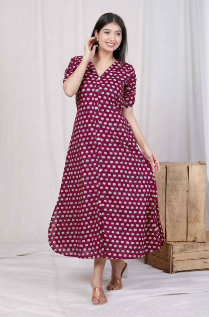 Miravan Women's Relaxed Fit Red Floral Printed A-Line Pure Cotton Midi Dress