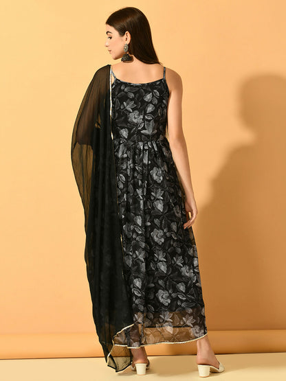 Myshka Women's Black Festive Flared Anarkali Kurta With Dupatta sets