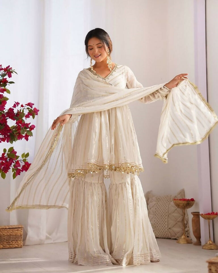 Teeya Creation White Color Mal Chanderi Silk Mirror Work And Hand Work Sharara set