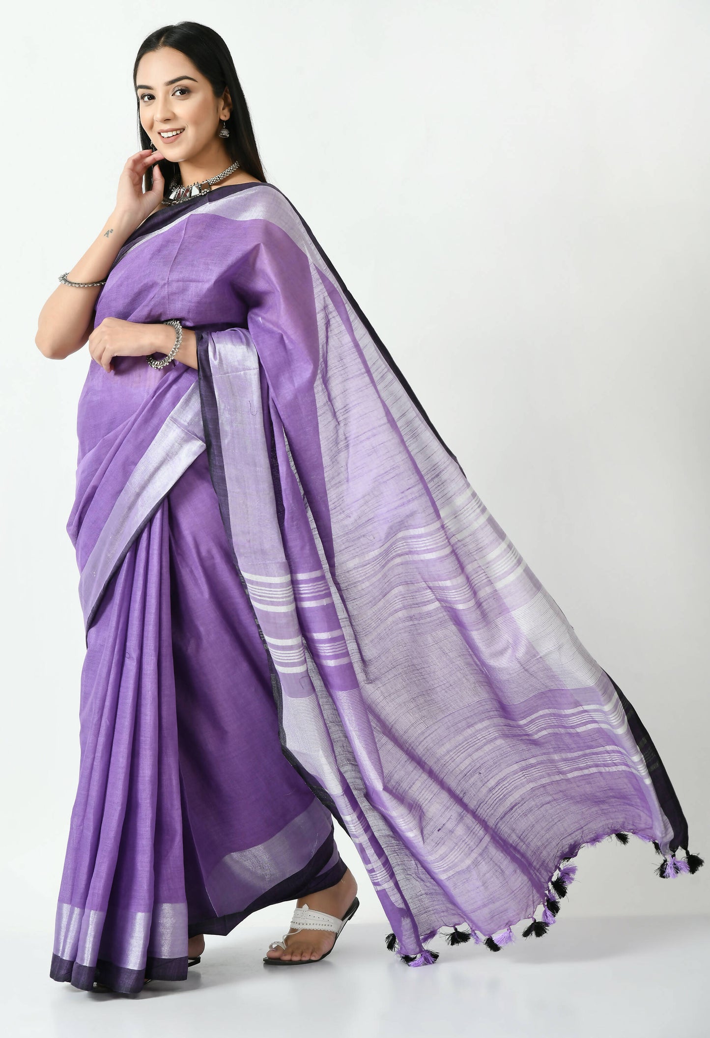 Mominos Fashion Moeza Purple & Black Bhagalpuri Handloom Silk Linen Saree with unstitched Blouse piece