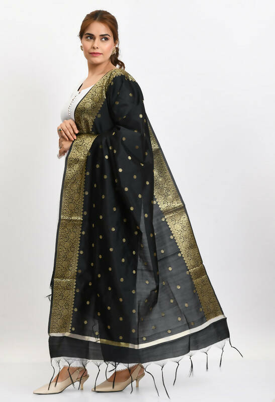 Mominos Fashion Moeza Women's Banarsi Silk Woven Design Black Dupatta