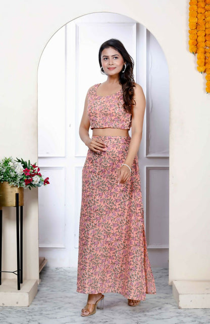 Miravan Women's Orange Floral Printed Crop Top And Skirt Co-Ord Set