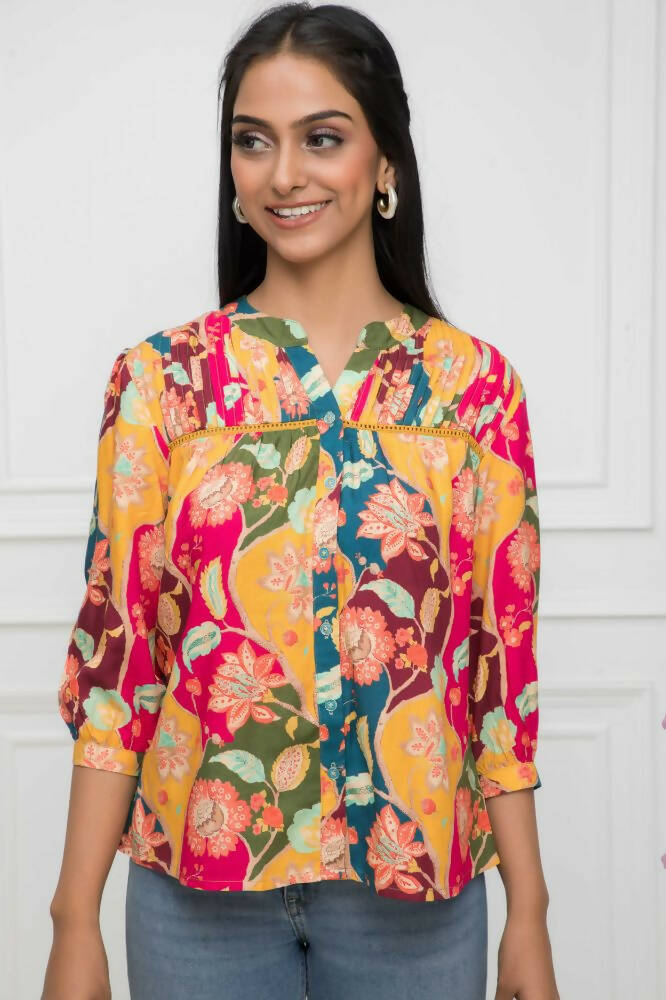 Myshka Women Multi Floral Mandarin Collar Regular Sleeves Viscose Rayon Top