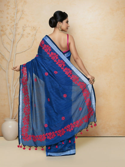 Joban Fashion Blue Cotton Applic Saree