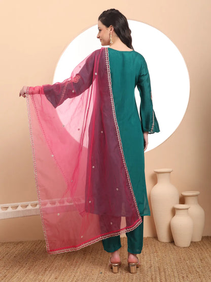 Yufta Teal Green Embroidered Kurta With Pant And Dupatta Comes With Cotton Lining