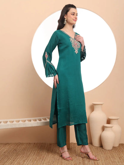 Yufta Teal Green Embroidered Kurta With Pant And Dupatta Comes With Cotton Lining