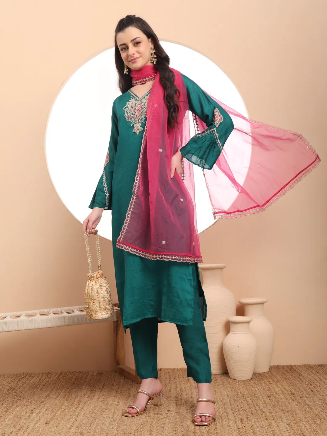 Yufta Teal Green Embroidered Kurta With Pant And Dupatta Comes With Cotton Lining