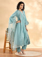 Yufta Teal Green Silk Embroidered Angrakha Kurta Pant Set With Organza Dupatta Set