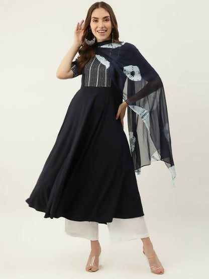 FIORRA Women's Navy Blue Poly Crepe Flared Kurta Pant With Dupatta