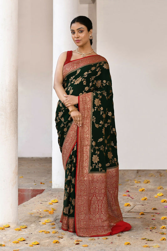 Joban Fashion Green Crepe Chiffon Pure Handloom Banarasi Silk Saree