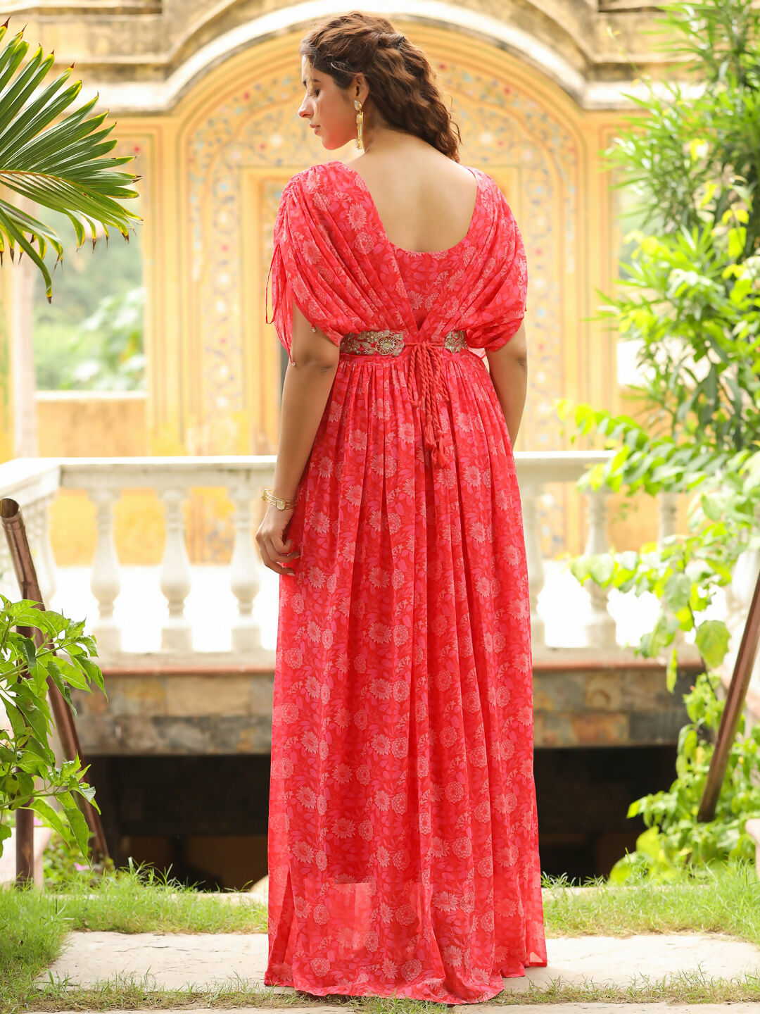 Janasya Pink Georgette Floral Gown
