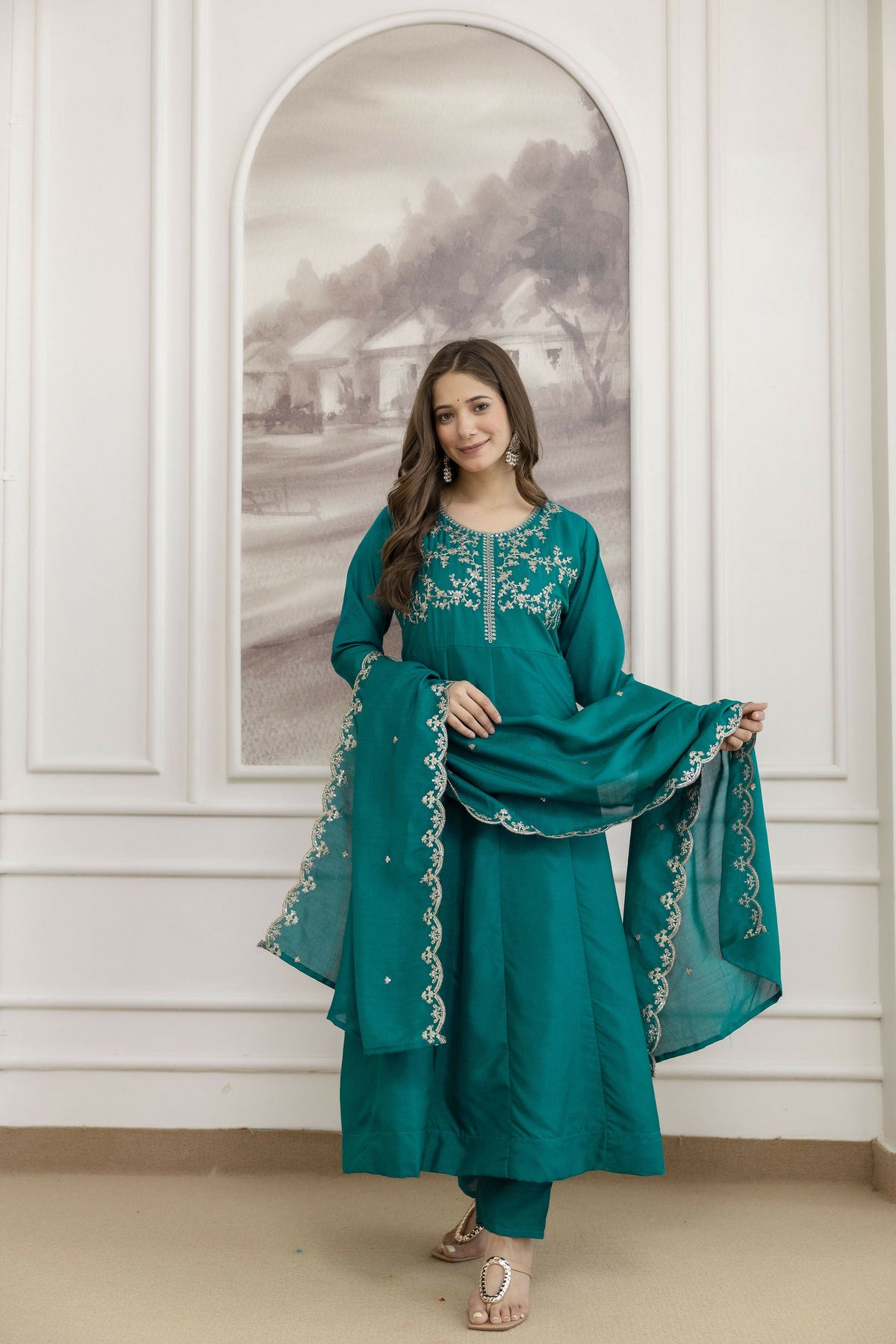 The52 Rama Women's Beautiful Vichitra Silk Fabric Embroidered Work Flared Anarkali Pant and Dupatta Set