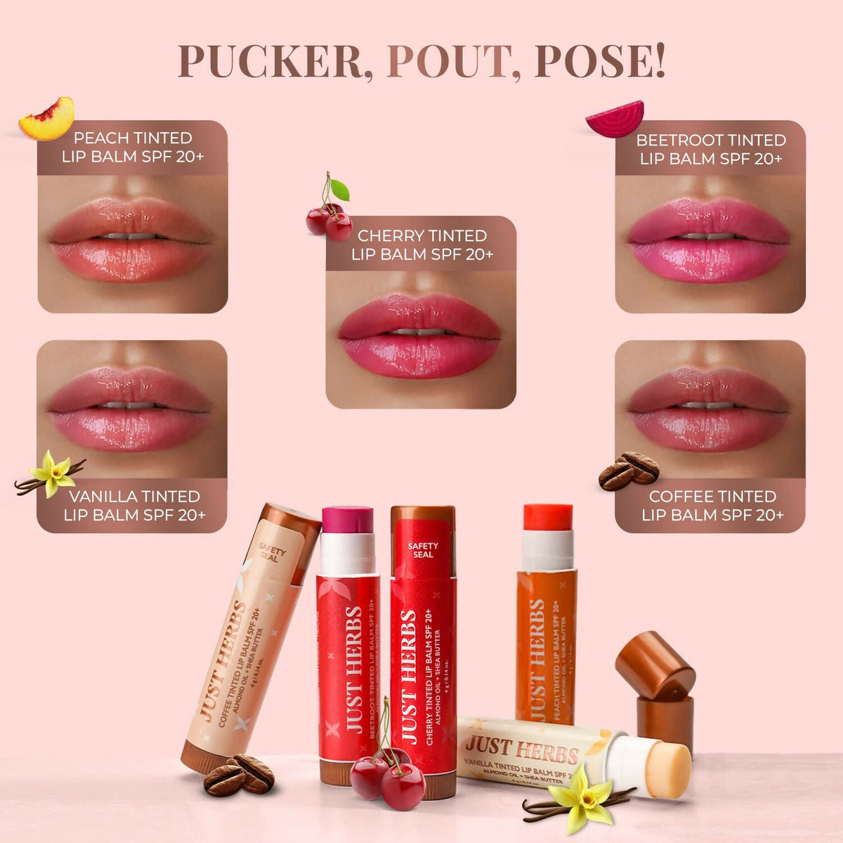 Just Herbs Peach Tinted Lip Balm with SPF 20+ for Dark Lips to Lighten