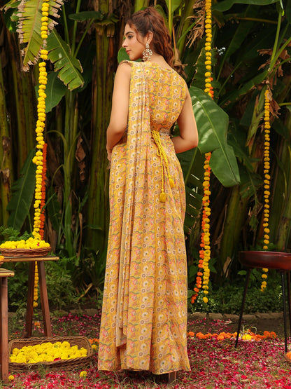 Janasya Mustard Georgette Floral Saree