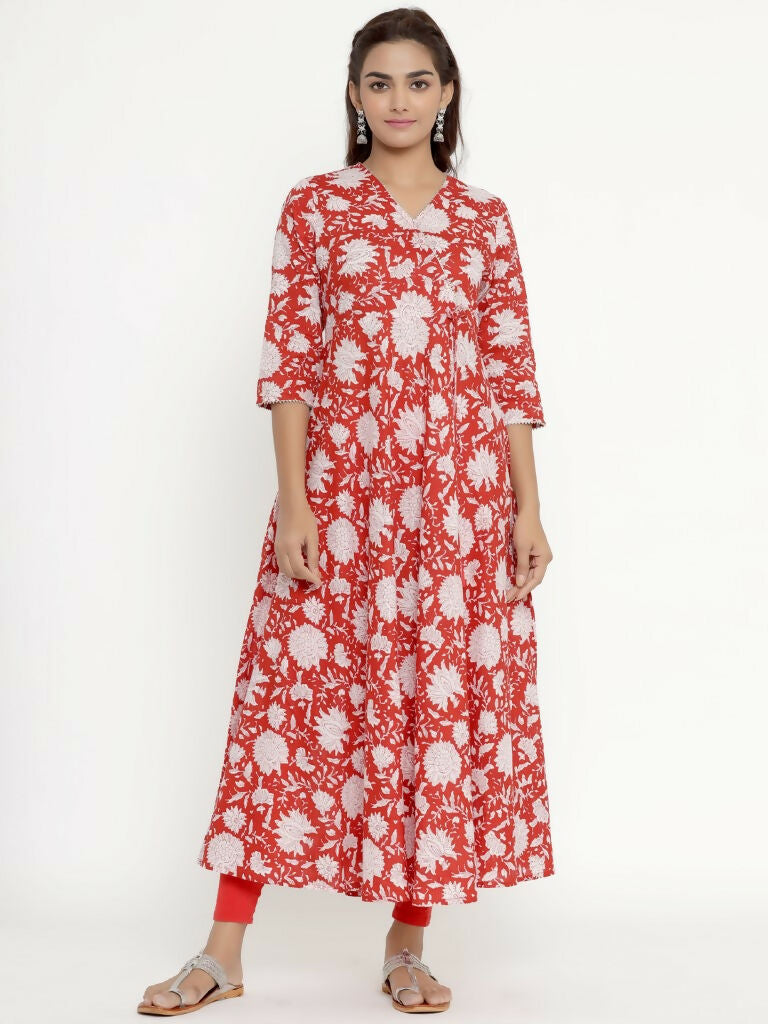 Miravan Women's Cotton Floral Printed Anarkali Kurta