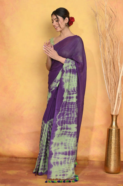 Very Much Indian Tie & Dye Handloom Mul Cotton Saree - Blue Green