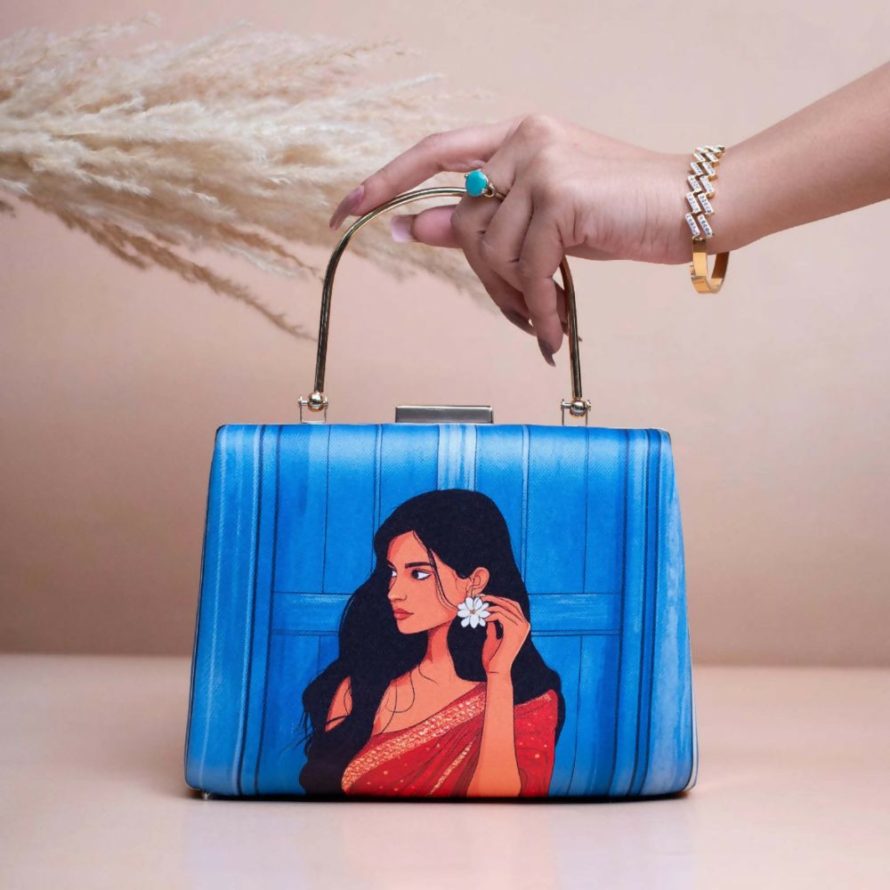 Joban Fashion Blue Based Red Saree Women Portrait Printed Clutch - Blue