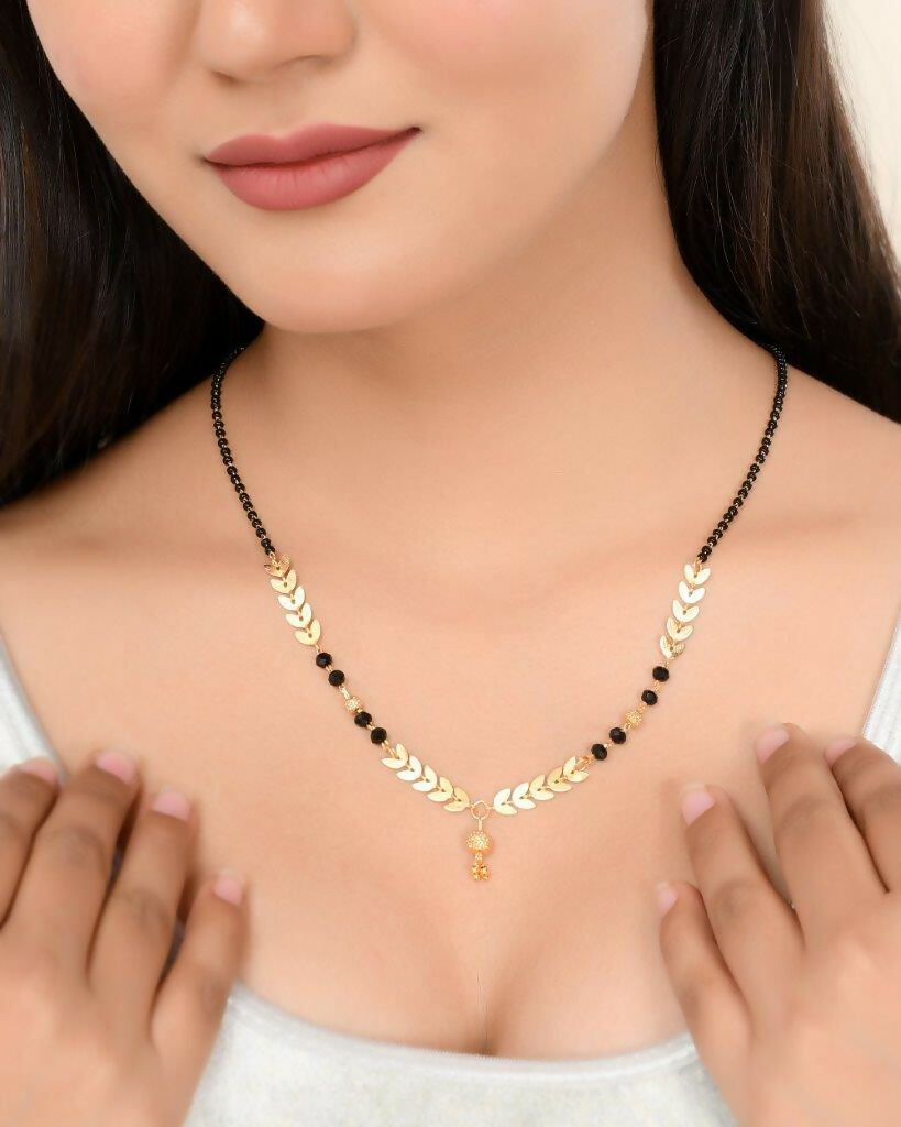 VOJ Gold-Polished Leaf Design Beaded Chain Mangalsutra