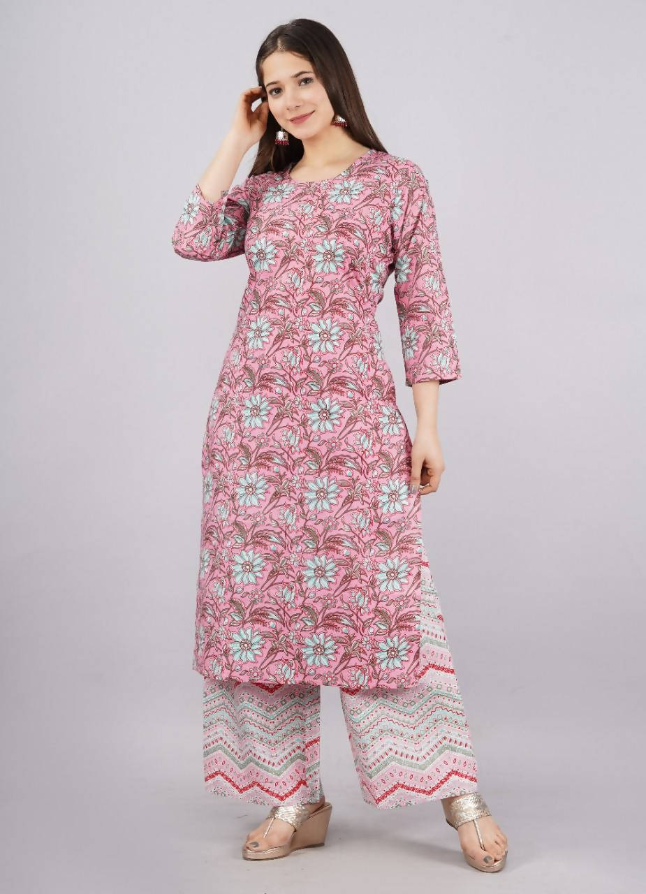Vamika Printed Cotton Pink Party Wear/Casual Wear Kurta Set/Suit