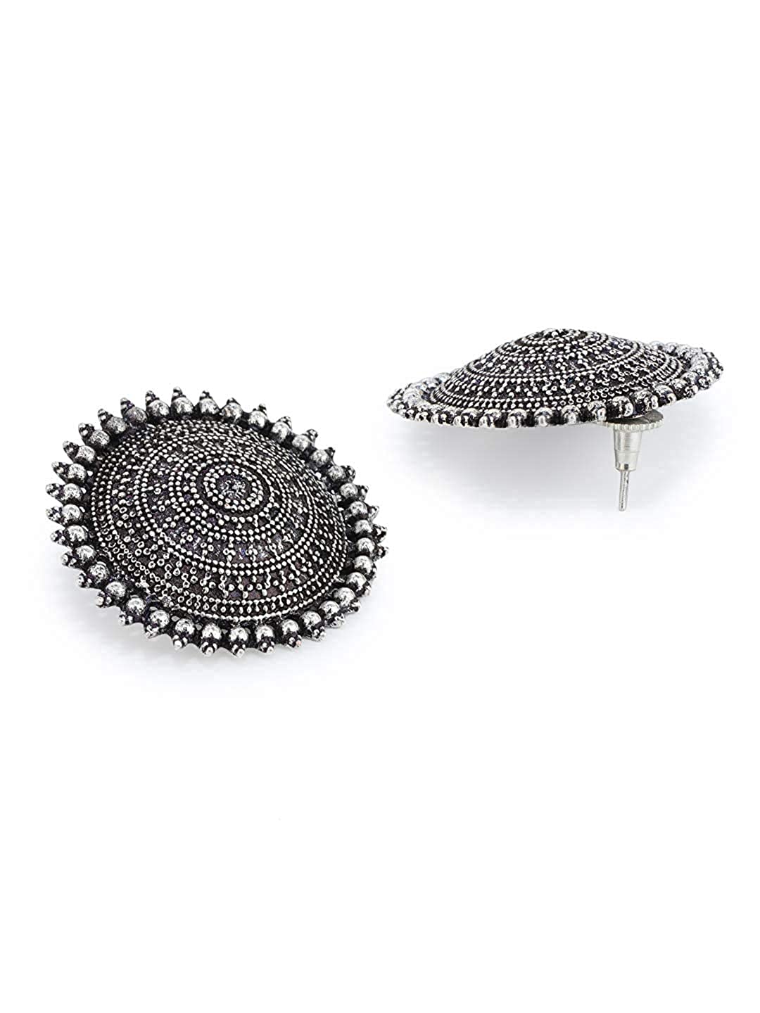 Rhodium-Plated Alloy Round Silver Antique Stud Earrings - The Pari