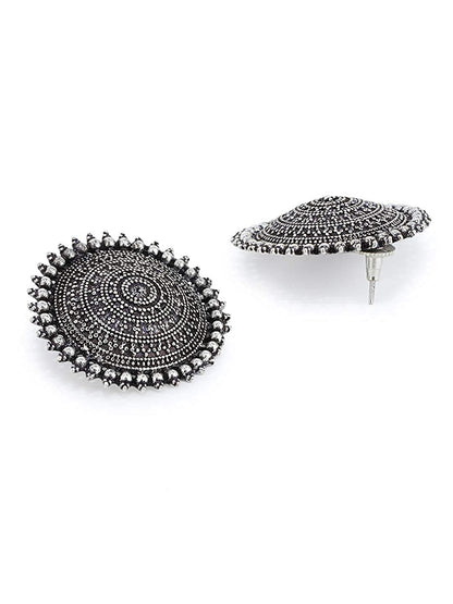 Rhodium-Plated Alloy Round Silver Antique Stud Earrings - The Pari