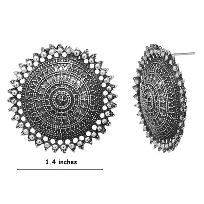 Rhodium-Plated Alloy Round Silver Antique Stud Earrings - The Pari