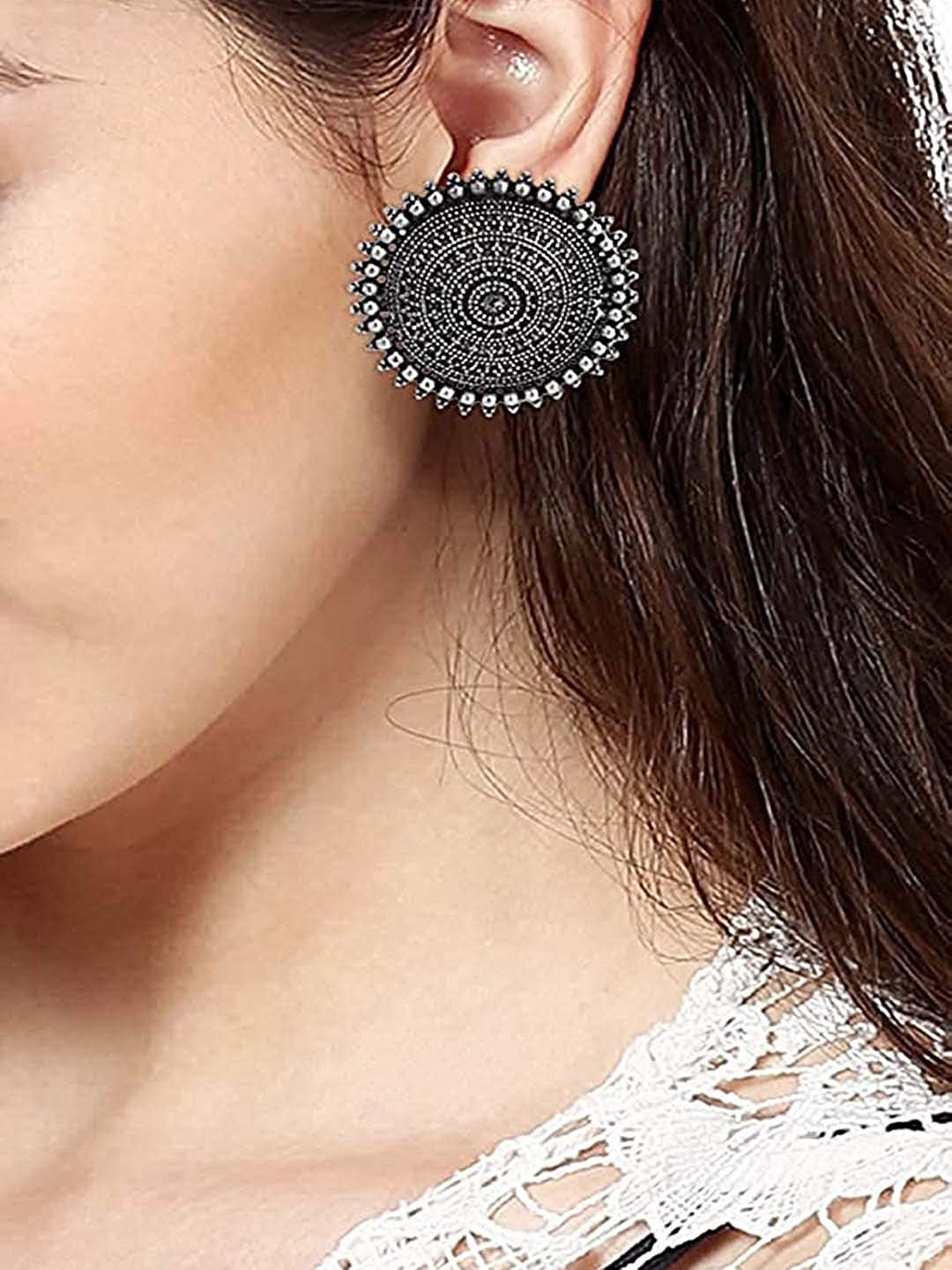 Rhodium-Plated Alloy Round Silver Antique Stud Earrings - The Pari
