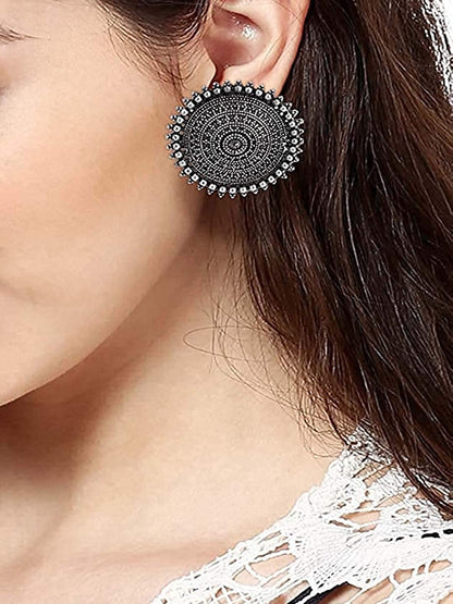 Rhodium-Plated Alloy Round Silver Antique Stud Earrings - The Pari
