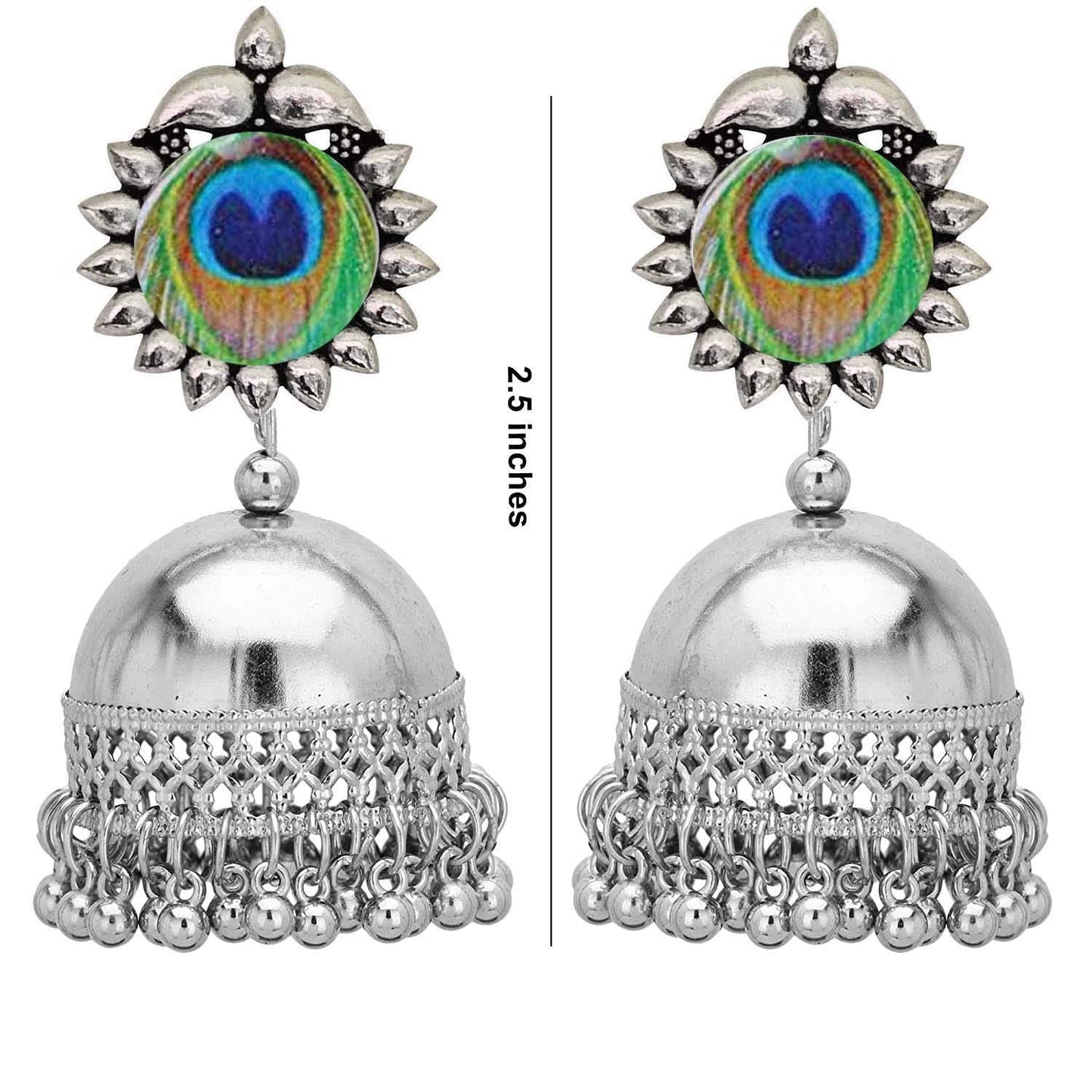 Rhodium-Plated Alloy Peacock Feather Jhumki Earrings - The Pari