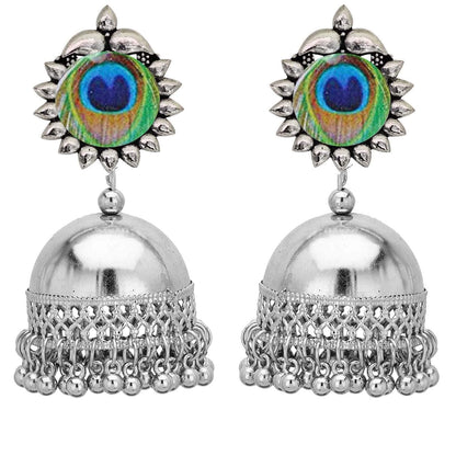 Rhodium-Plated Alloy Peacock Feather Jhumki Earrings - The Pari