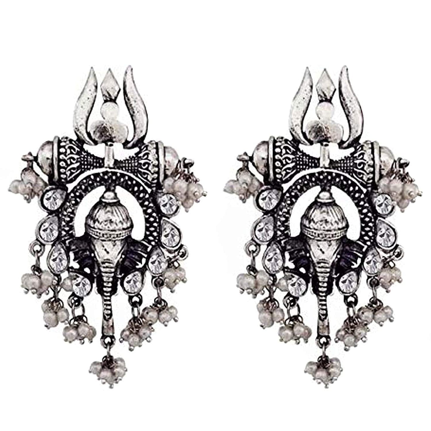 Rhodium-Plated Alloy Ganesh Ji Shaped Silver Earrings - The Pari