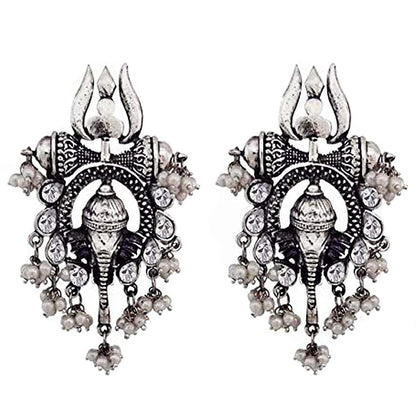 Rhodium-Plated Alloy Ganesh Ji Shaped Silver Earrings - The Pari