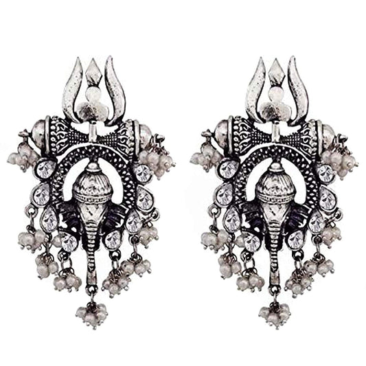 Rhodium-Plated Alloy Ganesh Ji Shaped Silver Earrings - The Pari