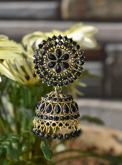 Gold-Polished Alloy Black Rhinestones Studded Jhumki Earrings - The Pari