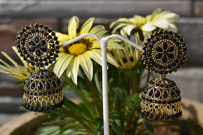 Gold-Polished Alloy Black Rhinestones Studded Jhumki Earrings - The Pari