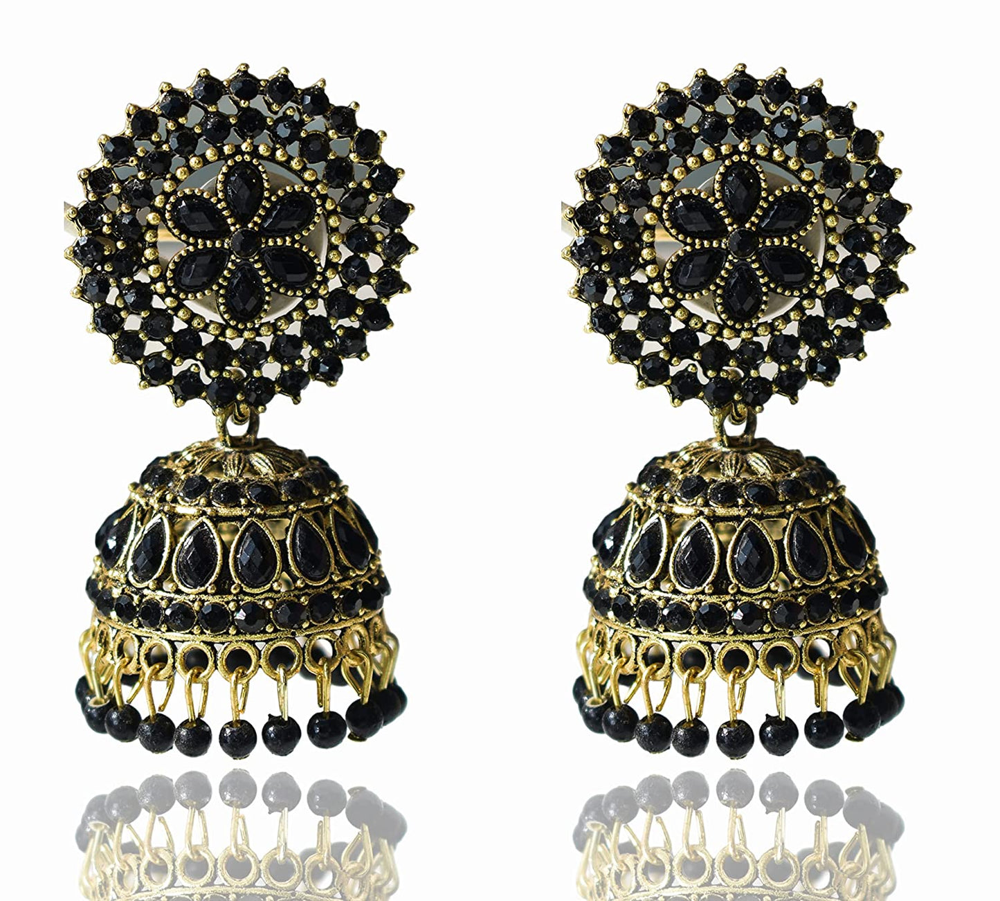 Gold-Polished Alloy Black Rhinestones Studded Jhumki Earrings - The Pari