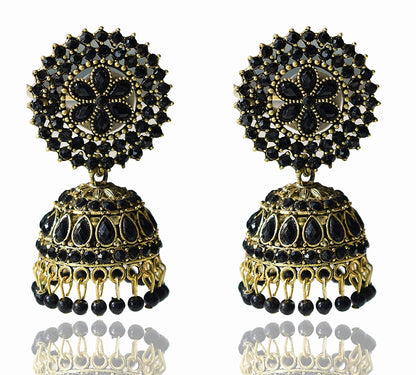 Gold-Polished Alloy Black Rhinestones Studded Jhumki Earrings - The Pari