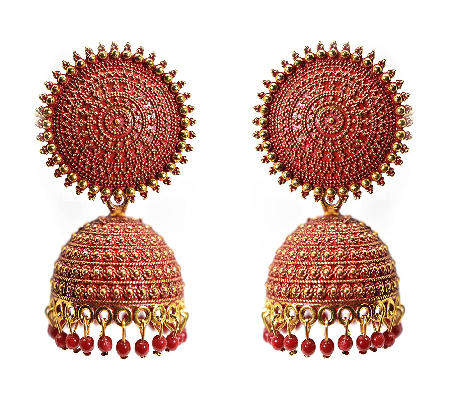 Gold-Polished Alloy Red Sun Shaped Jhumka Earrings - The Pari