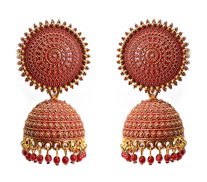Gold-Polished Alloy Red Sun Shaped Jhumka Earrings - The Pari