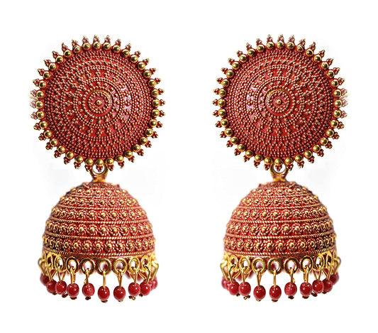 Gold-Polished Alloy Red Sun Shaped Jhumka Earrings - The Pari