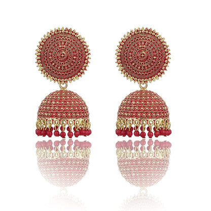 Gold-Polished Alloy Red Sun Shaped Jhumka Earrings - The Pari