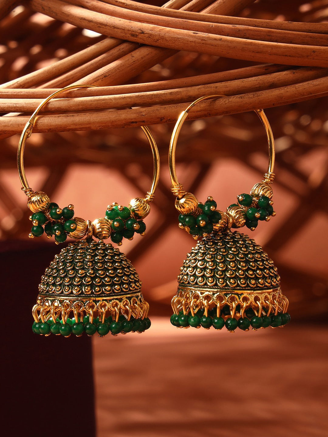 Gold-Polished Alloy Green Hoop Jhumka Earrings - The Pari