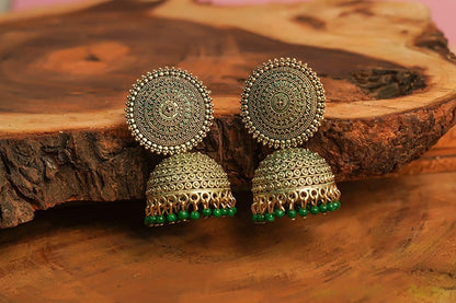 Gold-Polished Alloy Green Sun Shaped Jhumka Earrings - The Pari